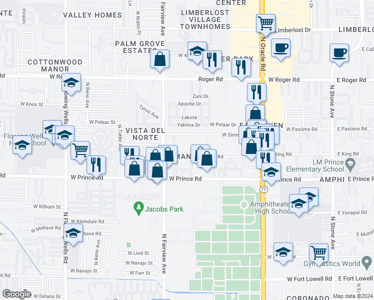 map of restaurants, bars, coffee shops, grocery stores, and more near 812 West Thurber Road in Tucson