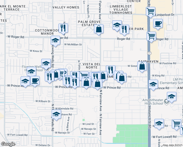 map of restaurants, bars, coffee shops, grocery stores, and more near 948 West Thurber Street in Tucson