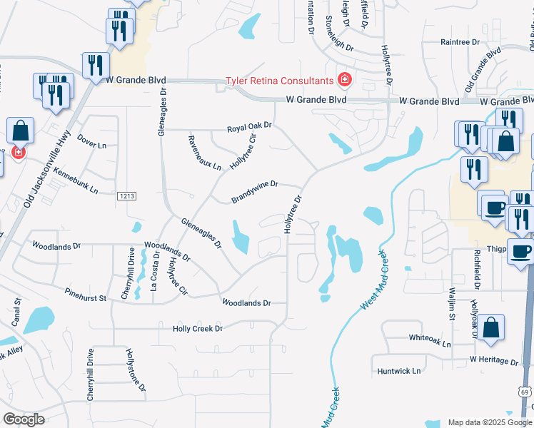 map of restaurants, bars, coffee shops, grocery stores, and more near 1429 Hollytree Place in Tyler