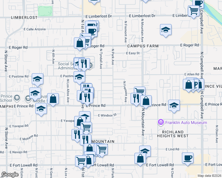 map of restaurants, bars, coffee shops, grocery stores, and more near 3701 North Park Avenue in Tucson