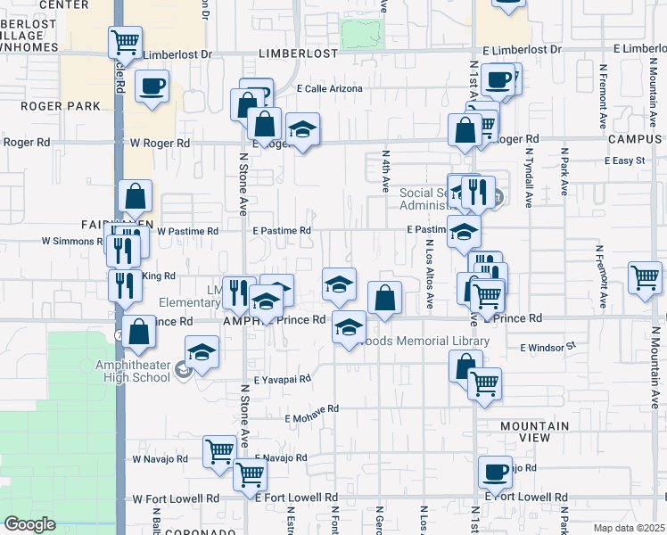 map of restaurants, bars, coffee shops, grocery stores, and more near 266 East Pastime Road in Tucson