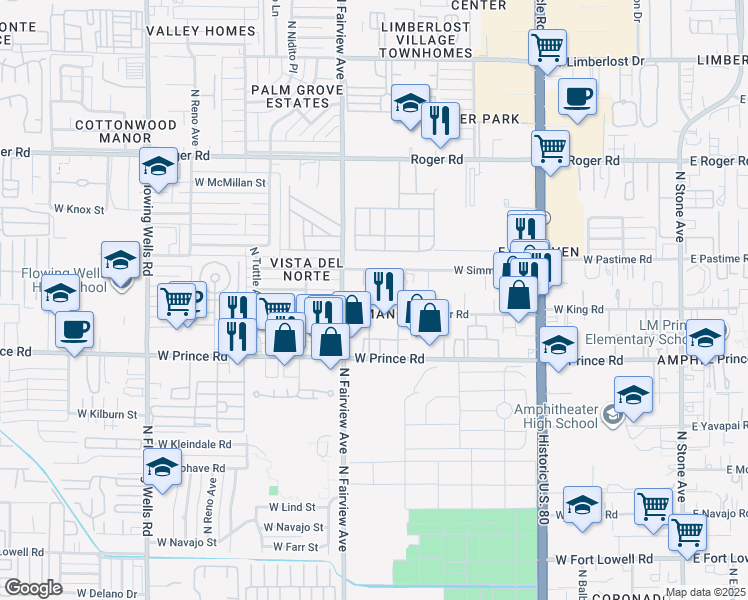 map of restaurants, bars, coffee shops, grocery stores, and more near 812 West Thurber Road in Tucson