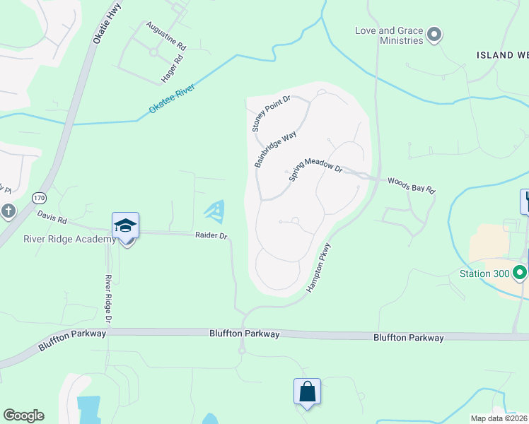 map of restaurants, bars, coffee shops, grocery stores, and more near 74 Bainbridge Way in Bluffton