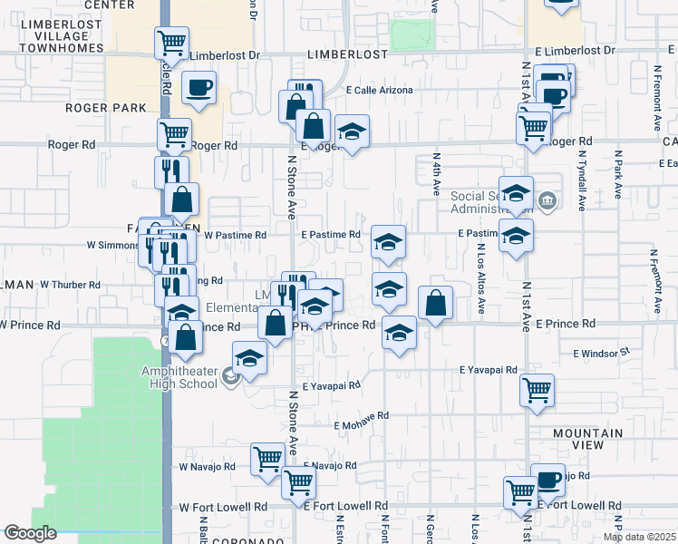map of restaurants, bars, coffee shops, grocery stores, and more near 127 East King Road in Tucson