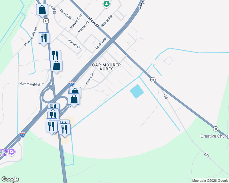 map of restaurants, bars, coffee shops, grocery stores, and more near 713 John Street in Hardeeville
