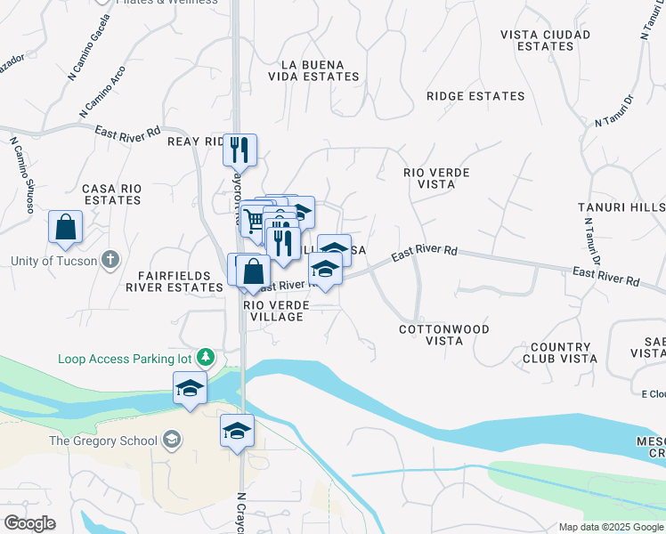 map of restaurants, bars, coffee shops, grocery stores, and more near 5755 East River Road in Tucson