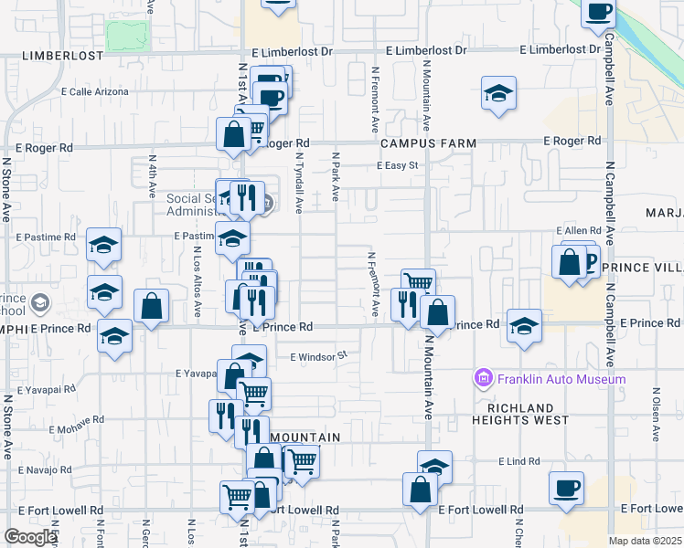 map of restaurants, bars, coffee shops, grocery stores, and more near 3702 North Park Avenue in Tucson