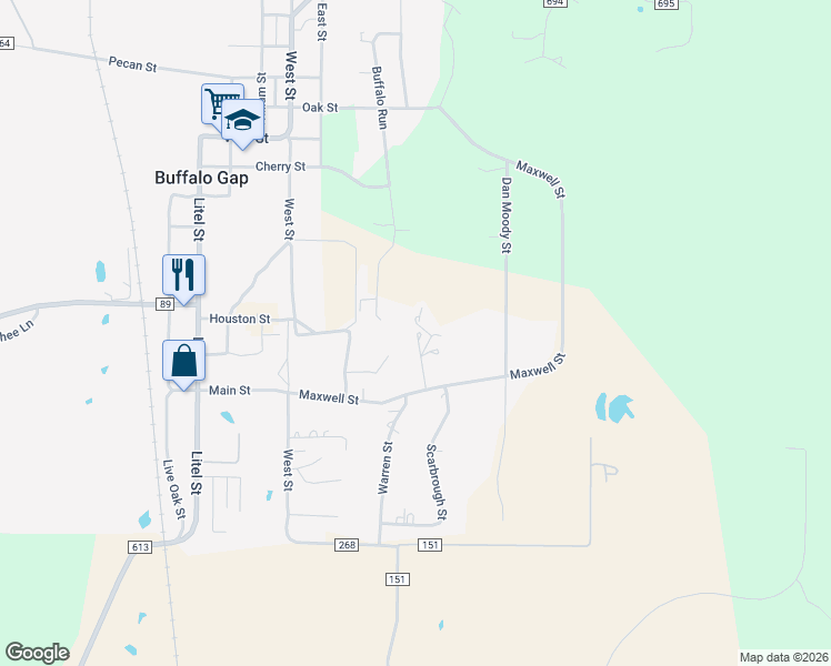 map of restaurants, bars, coffee shops, grocery stores, and more near 1182 Marc Street in Buffalo Gap