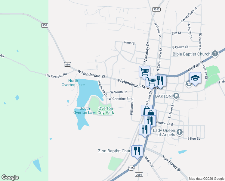map of restaurants, bars, coffee shops, grocery stores, and more near 508 West South Street in Overton