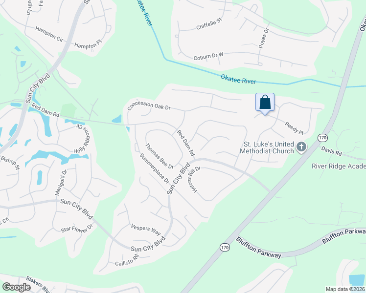 map of restaurants, bars, coffee shops, grocery stores, and more near 4 Spring Beauty Drive in Bluffton