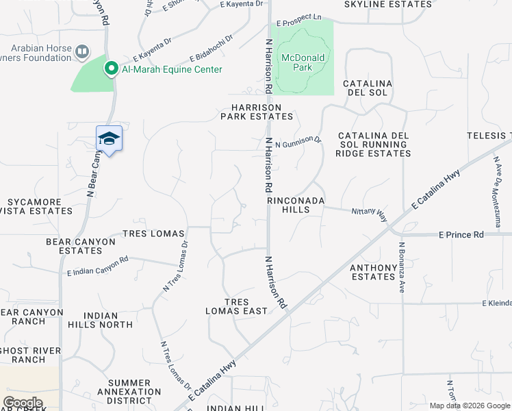map of restaurants, bars, coffee shops, grocery stores, and more near 3685 North Harrison Road in Tucson