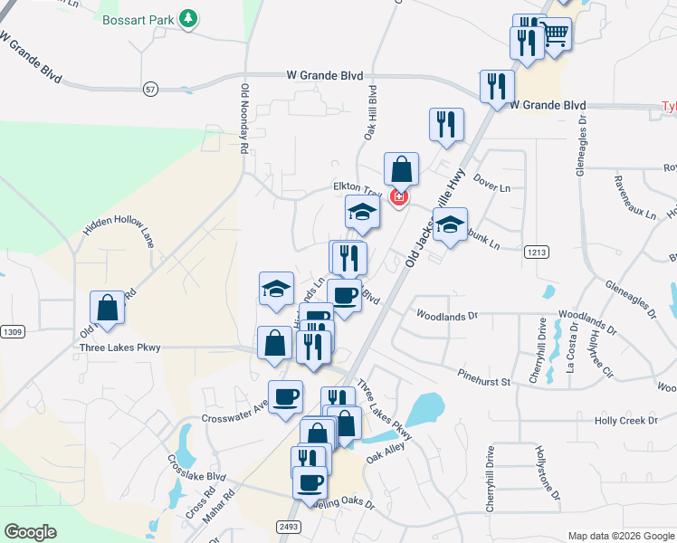map of restaurants, bars, coffee shops, grocery stores, and more near 6895 Oak Hill Boulevard in Tyler