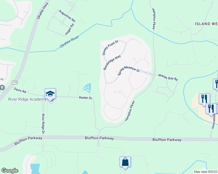 map of restaurants, bars, coffee shops, grocery stores, and more near 76 Bainbridge Way in Bluffton