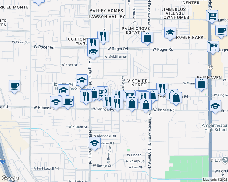 map of restaurants, bars, coffee shops, grocery stores, and more near 1150 West Prince Road in Tucson
