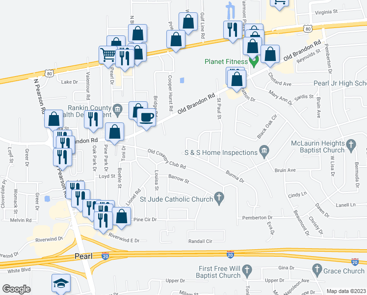 map of restaurants, bars, coffee shops, grocery stores, and more near 233 Moore Street in Pearl