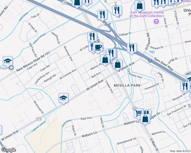 map of restaurants, bars, coffee shops, grocery stores, and more near 319 Bell Avenue in Las Cruces