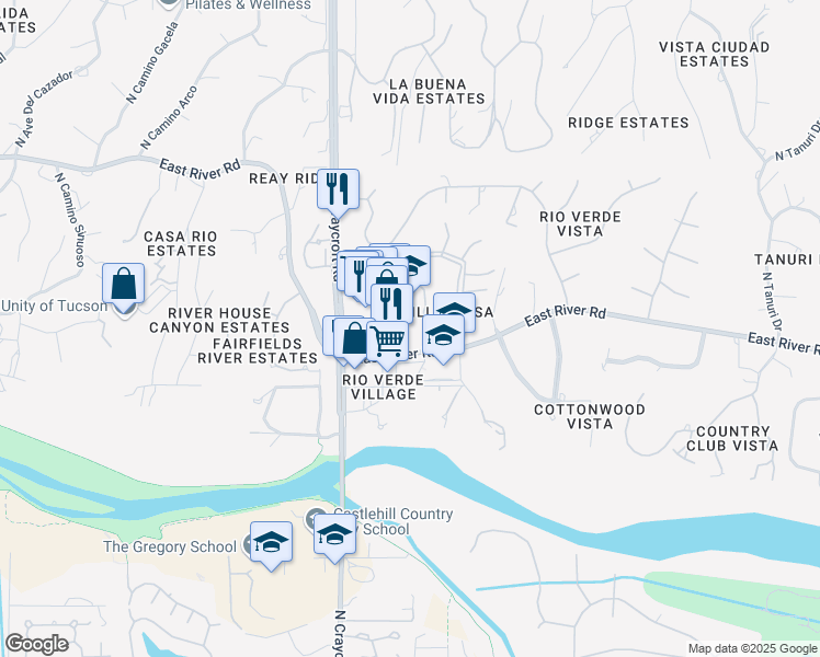 map of restaurants, bars, coffee shops, grocery stores, and more near 5665 East River Road in Tucson