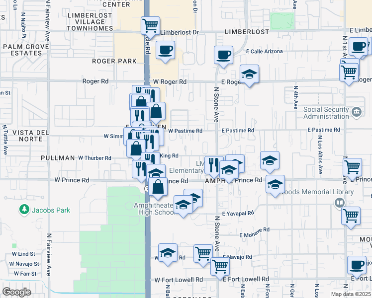 map of restaurants, bars, coffee shops, grocery stores, and more near 138 West King Road in Tucson