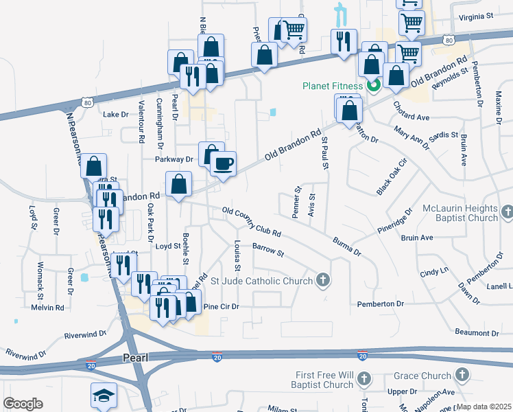 map of restaurants, bars, coffee shops, grocery stores, and more near 233 Moore Street in Pearl