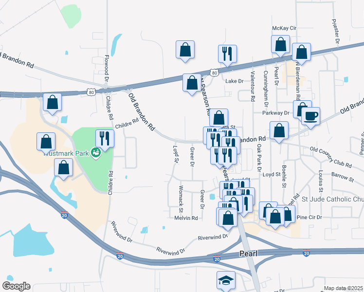 map of restaurants, bars, coffee shops, grocery stores, and more near 109 Greer Drive in Pearl