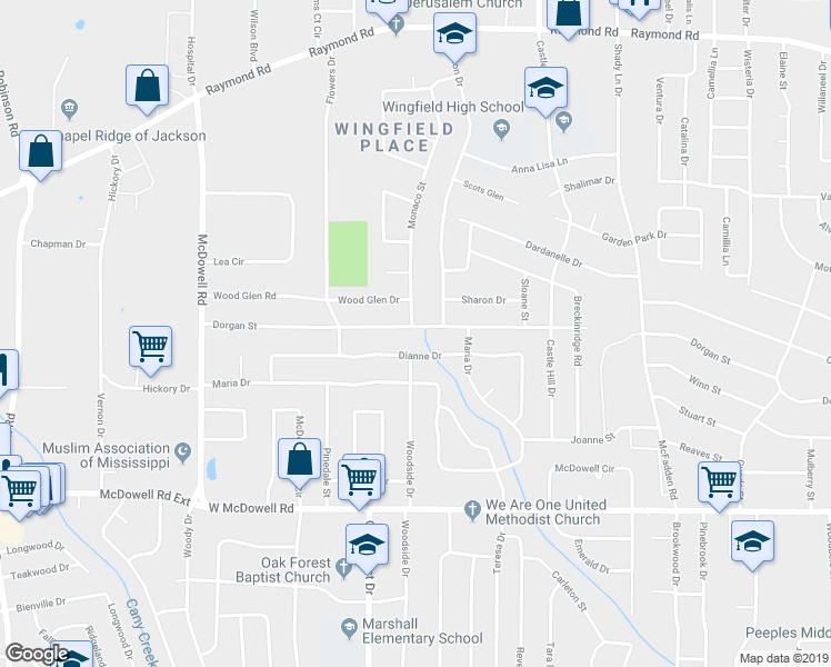 map of restaurants, bars, coffee shops, grocery stores, and more near 1442 Dianne Drive in Jackson