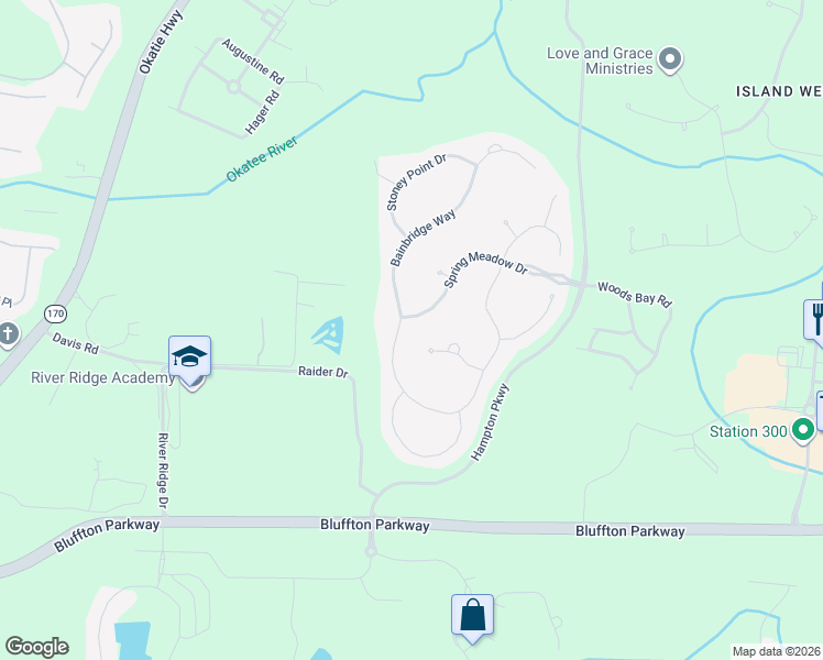 map of restaurants, bars, coffee shops, grocery stores, and more near 74 Bainbridge Way in Bluffton