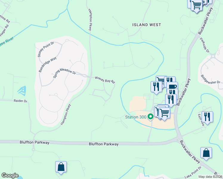 map of restaurants, bars, coffee shops, grocery stores, and more near 42 Woods Bay Road in Bluffton