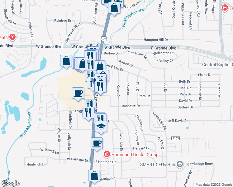 map of restaurants, bars, coffee shops, grocery stores, and more near 8155 Karen Drive in Tyler