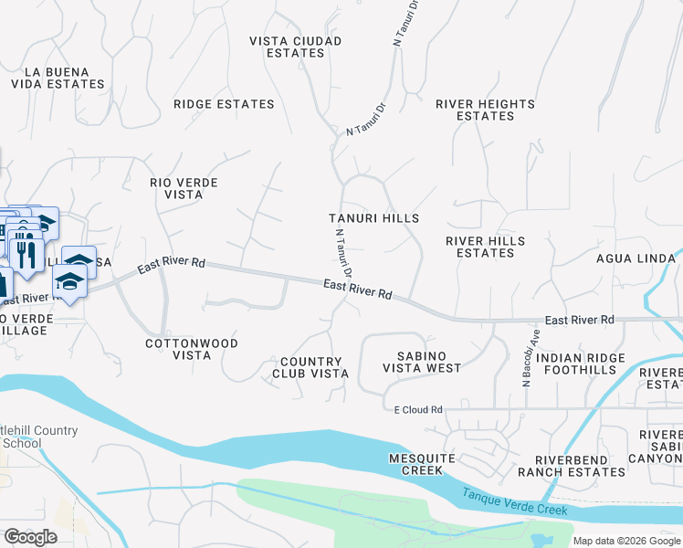map of restaurants, bars, coffee shops, grocery stores, and more near 6240 East River Road in Tucson