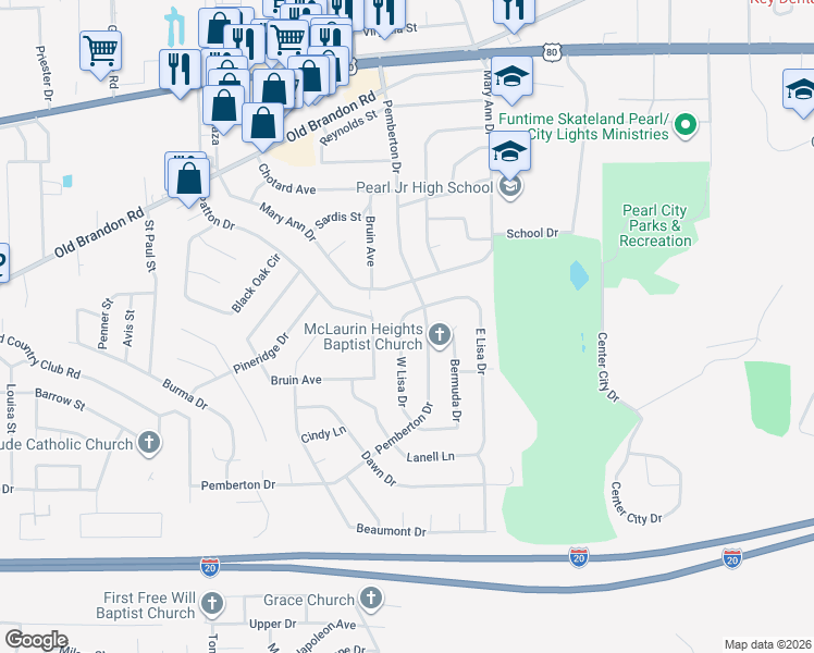 map of restaurants, bars, coffee shops, grocery stores, and more near 122 West Lisa Drive in Pearl