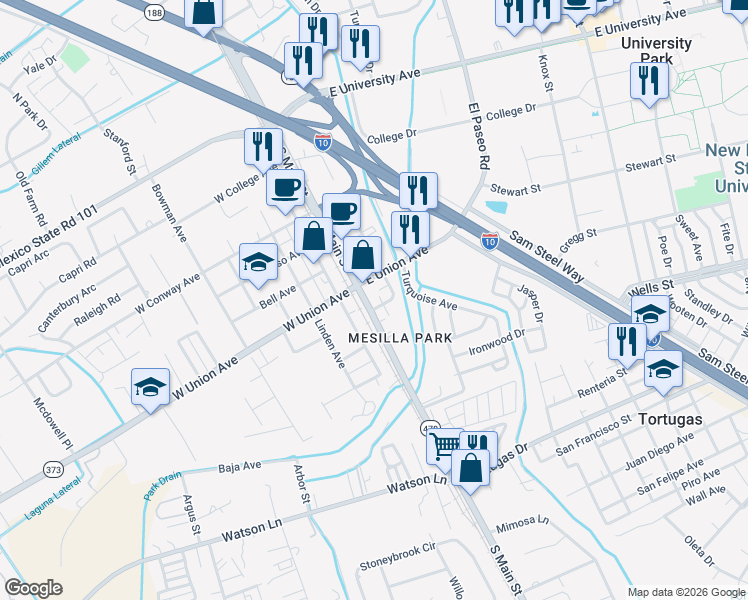 map of restaurants, bars, coffee shops, grocery stores, and more near 156 Hollyhock in Las Cruces