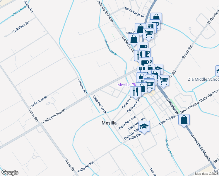 map of restaurants, bars, coffee shops, grocery stores, and more near 2128 Calle De Los Huertos in Mesilla