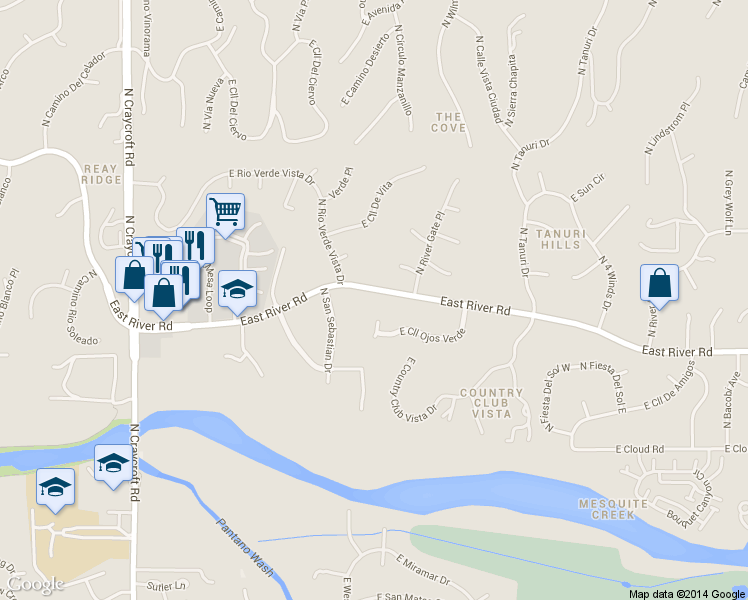 map of restaurants, bars, coffee shops, grocery stores, and more near 5980 East River Road in Tucson