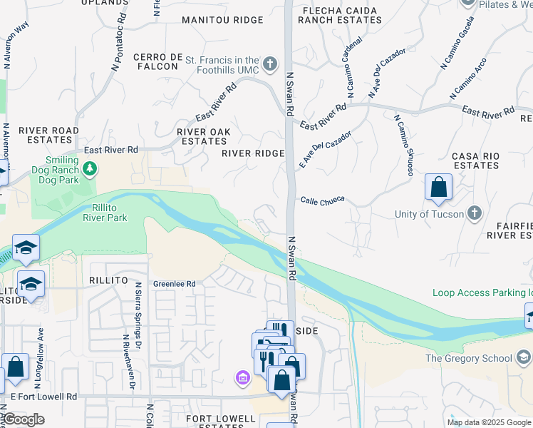 map of restaurants, bars, coffee shops, grocery stores, and more near 3701 North Swan Road in Tucson