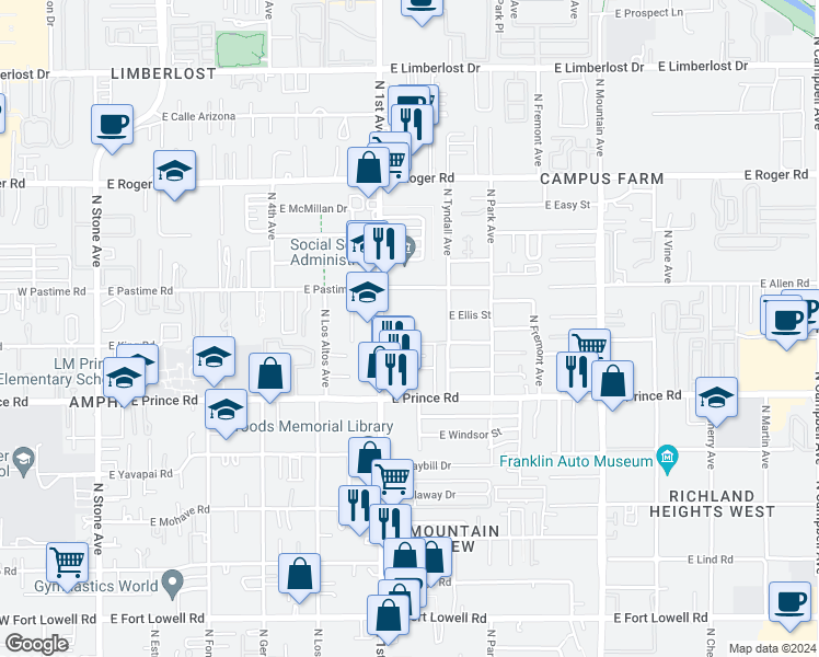 map of restaurants, bars, coffee shops, grocery stores, and more near 3700 North 1st Avenue in Tucson