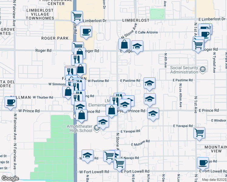 map of restaurants, bars, coffee shops, grocery stores, and more near 14 West King Road in Tucson