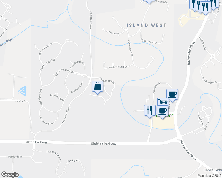 map of restaurants, bars, coffee shops, grocery stores, and more near 21 Ashley Crossing Drive in Bluffton
