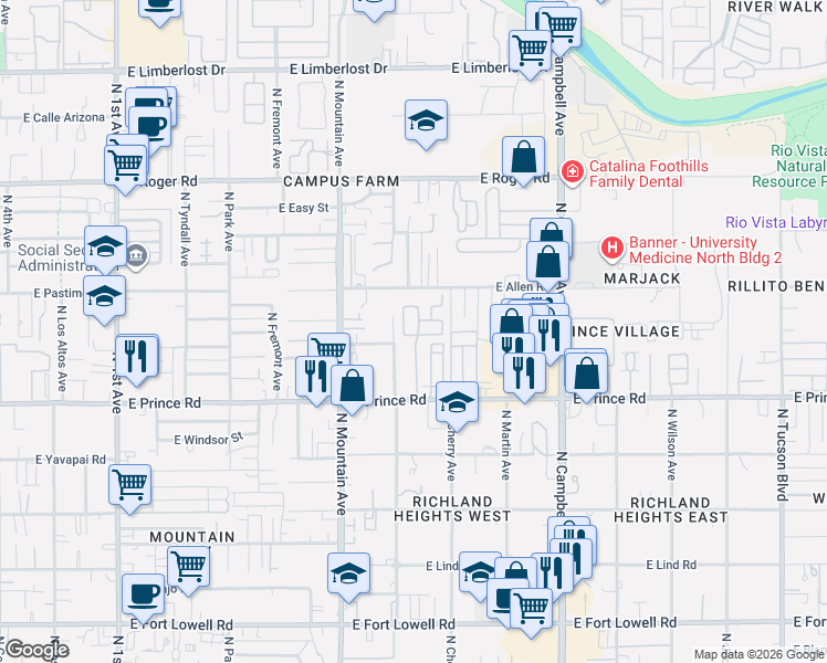 map of restaurants, bars, coffee shops, grocery stores, and more near 3731 North Crest Ranch Drive in Tucson