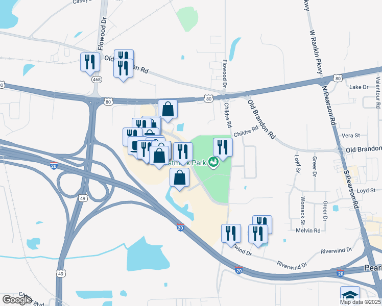 map of restaurants, bars, coffee shops, grocery stores, and more near Bass Pro Drive in Pearl