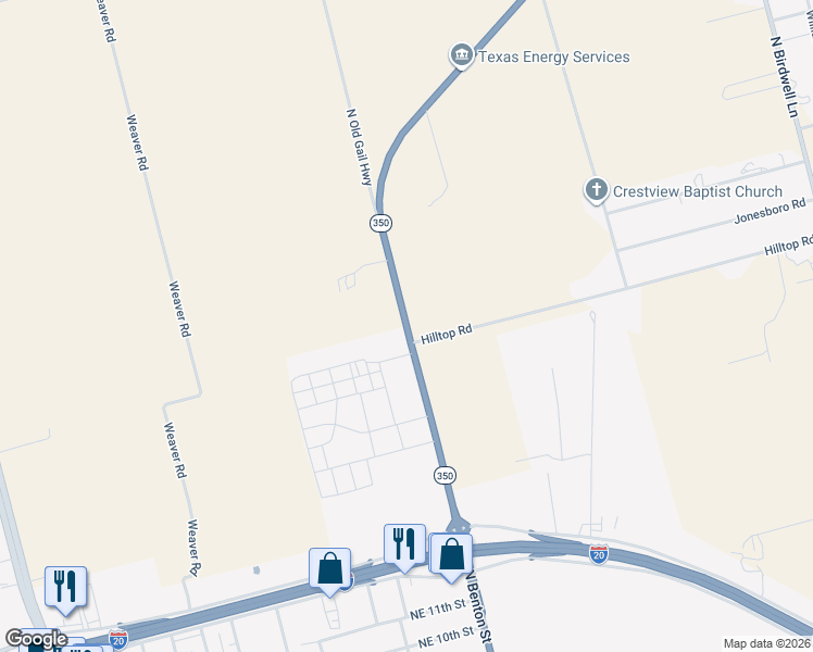 map of restaurants, bars, coffee shops, grocery stores, and more near 2200 Texas 350 in Big Spring