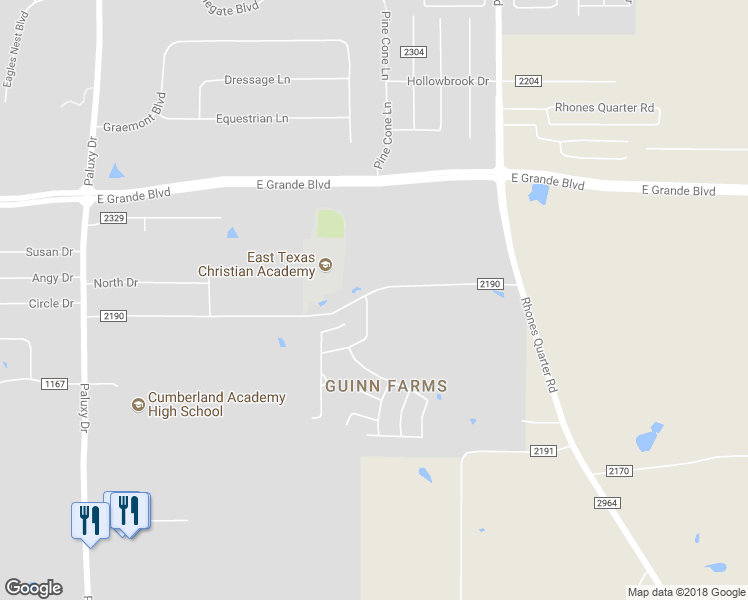 map of restaurants, bars, coffee shops, grocery stores, and more near 5801 Thompson Place in Tyler