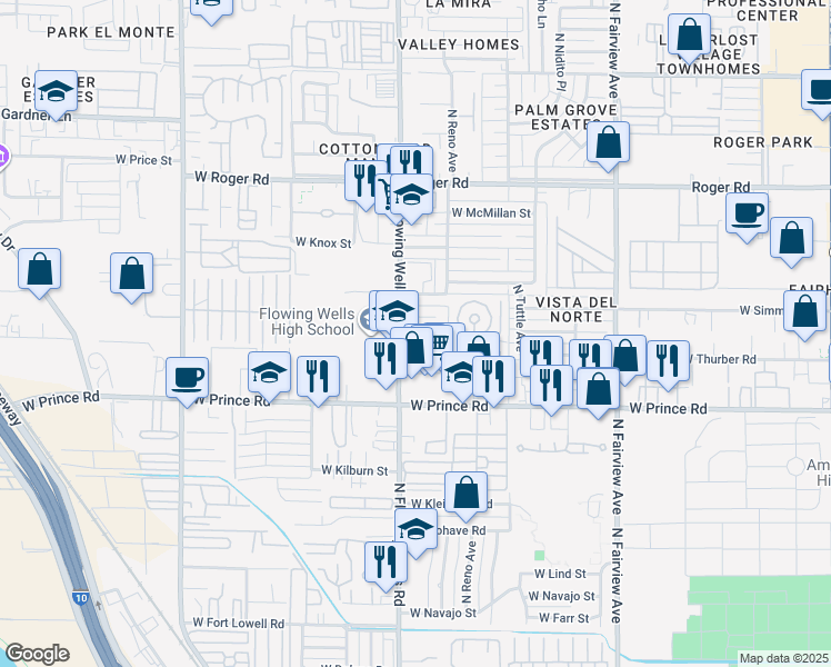 map of restaurants, bars, coffee shops, grocery stores, and more near 1331 West King Place in Tucson