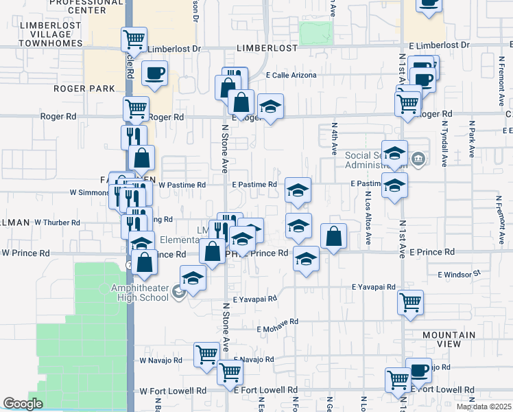 map of restaurants, bars, coffee shops, grocery stores, and more near 127 East King Road in Tucson
