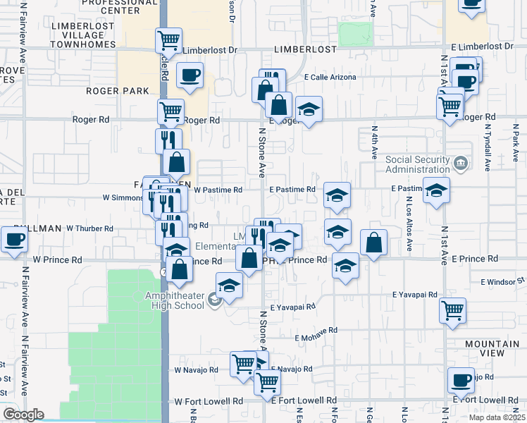 map of restaurants, bars, coffee shops, grocery stores, and more near 21 East King Road in Tucson