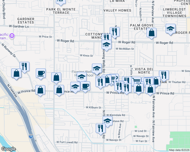 map of restaurants, bars, coffee shops, grocery stores, and more near 3725 North Flowing Wells Road in Tucson