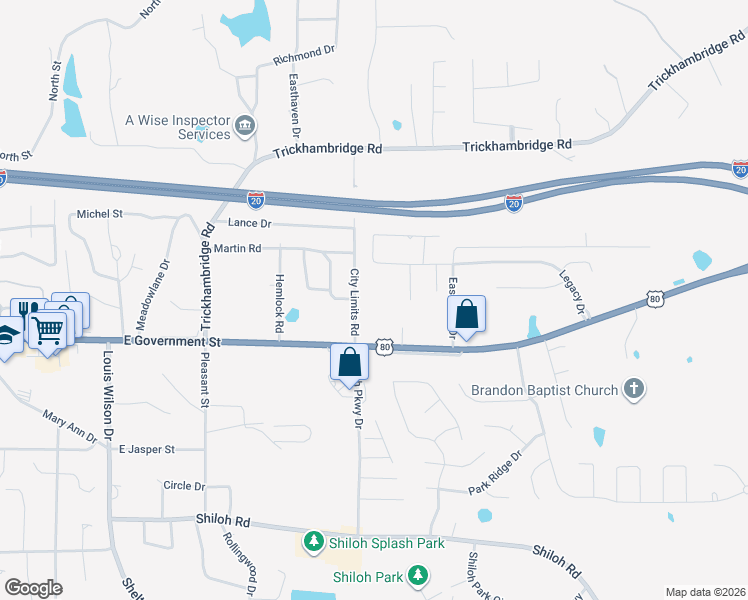 map of restaurants, bars, coffee shops, grocery stores, and more near 100 City Limits Road in Brandon