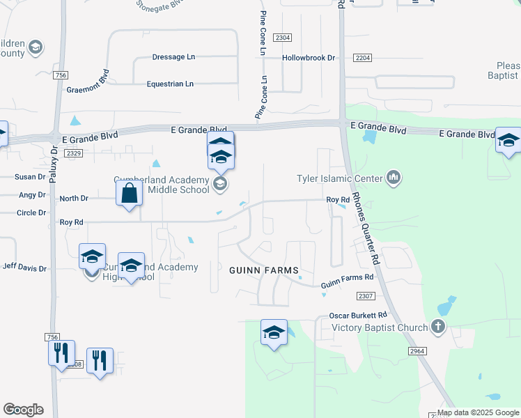 map of restaurants, bars, coffee shops, grocery stores, and more near 2525 Roy Road in Tyler