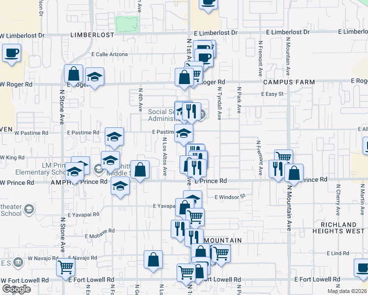 map of restaurants, bars, coffee shops, grocery stores, and more near 3727 North 1st Avenue in Tucson