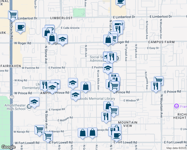 map of restaurants, bars, coffee shops, grocery stores, and more near 446 East Pastime Road in Tucson