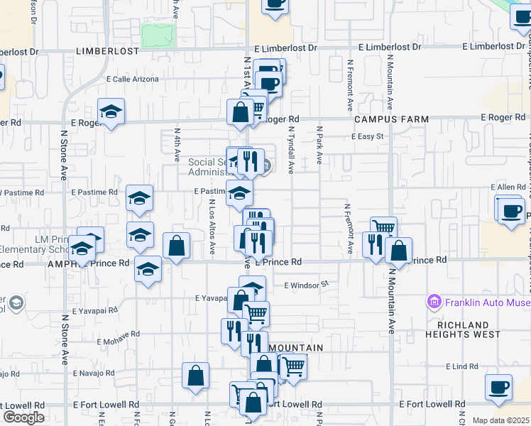 map of restaurants, bars, coffee shops, grocery stores, and more near 3700 North 1st Avenue in Tucson